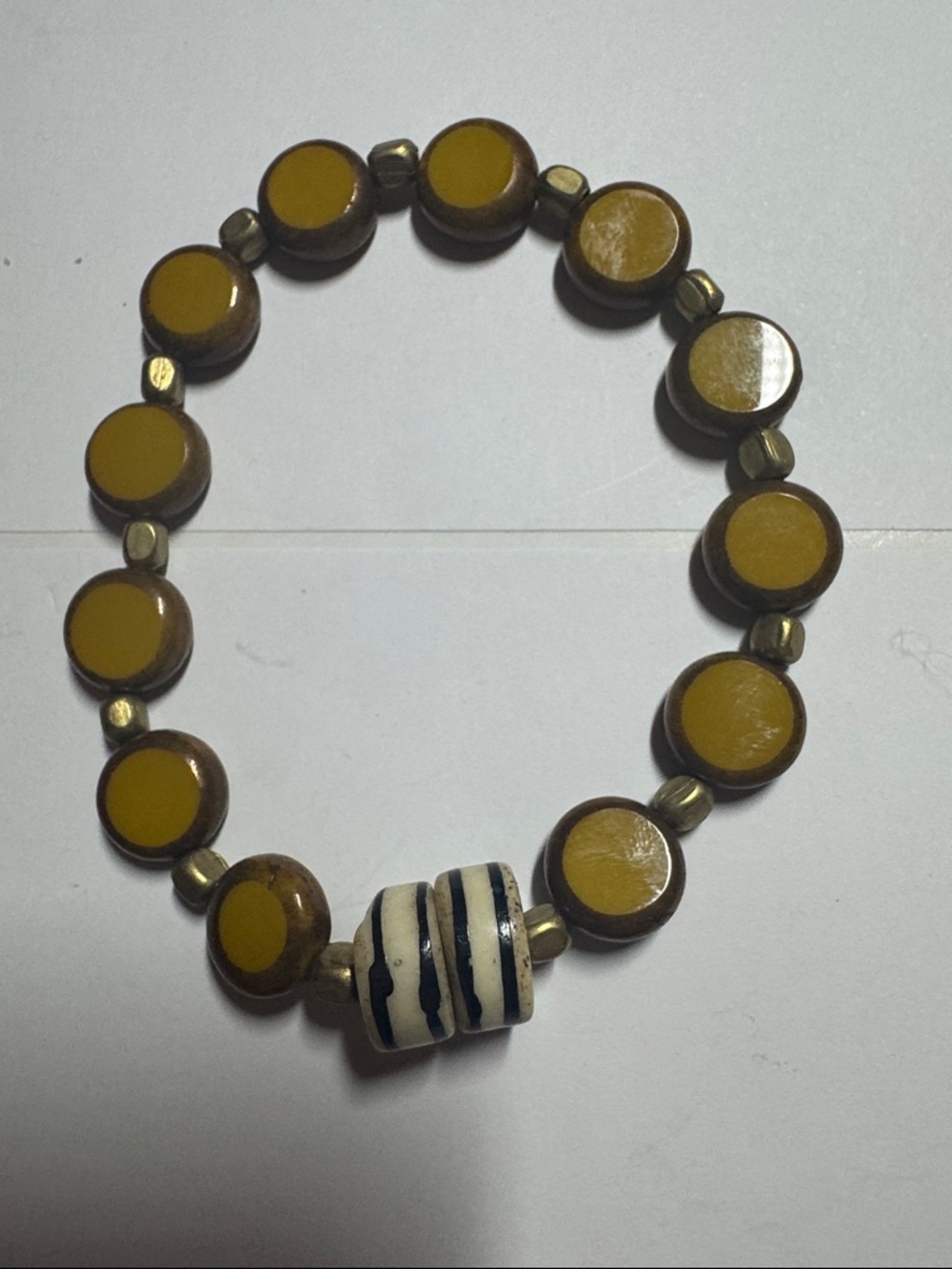 Handmade Mustard Yellow Beaded Stretch Bracelet with Striped Accent